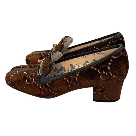 GUCCI Velvet GG Logo Block Heel Brown Square Toe Mules Loafers Flats Cat \\ 37 - Picture 4 of 13